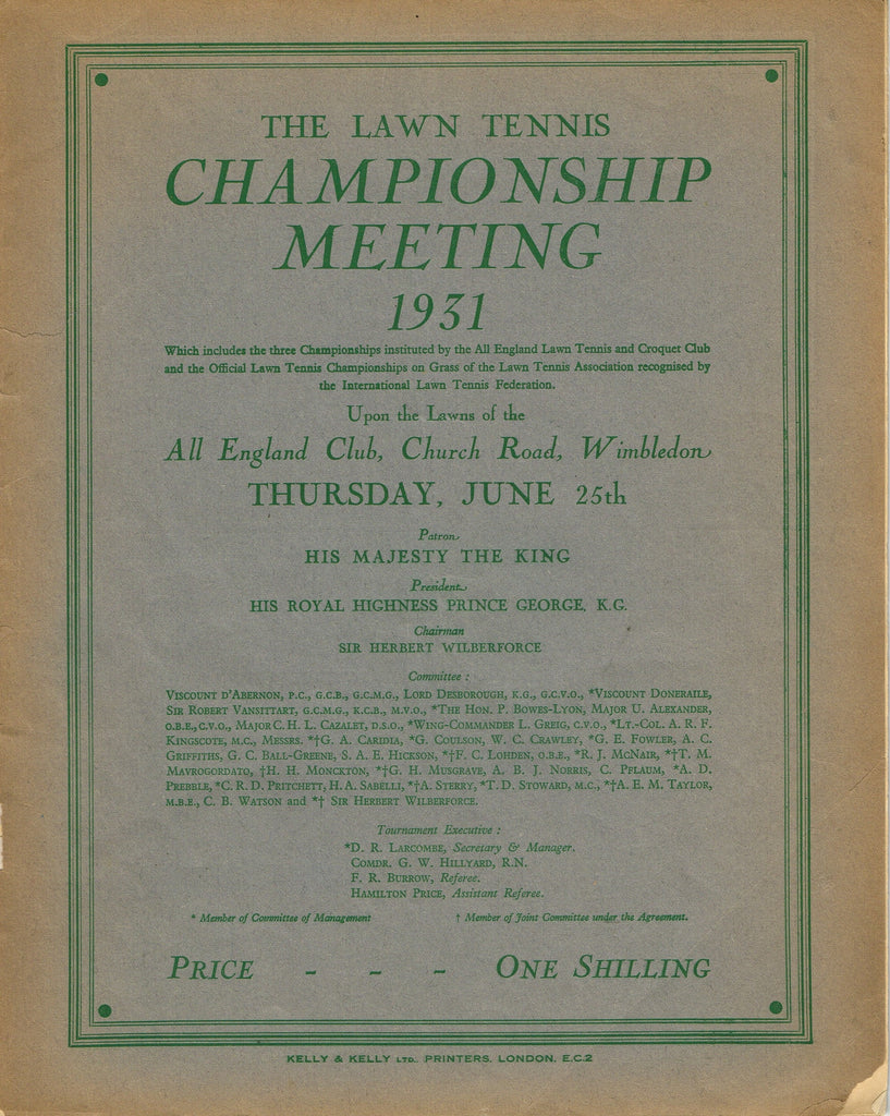 1931 Wimbledon Championships Day 4 Programme