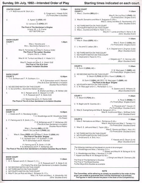 1992 Wimbledon Championships Gentlemen's Final Programme Andre Agass