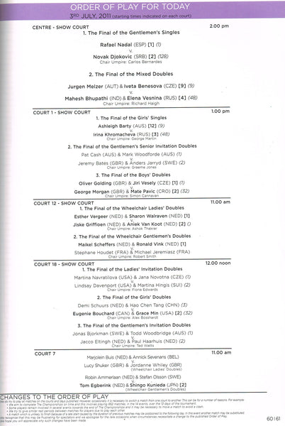 2011 Wimbledon Championships Gentlemen's Final Programme Novak Djoko