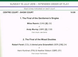 2016 Wimbledon Championships Gentlemen's Final Programme - Andy Murray vs. Milos Raonic