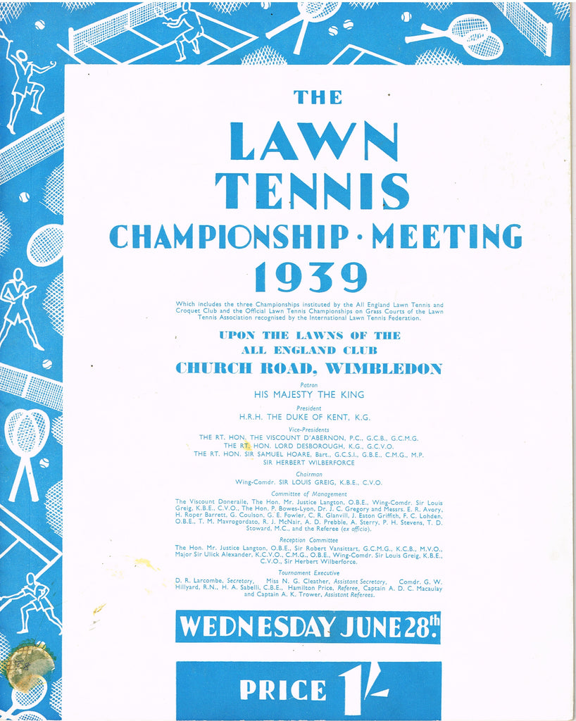 1939 Wimbledon Championships Day 3 Programme