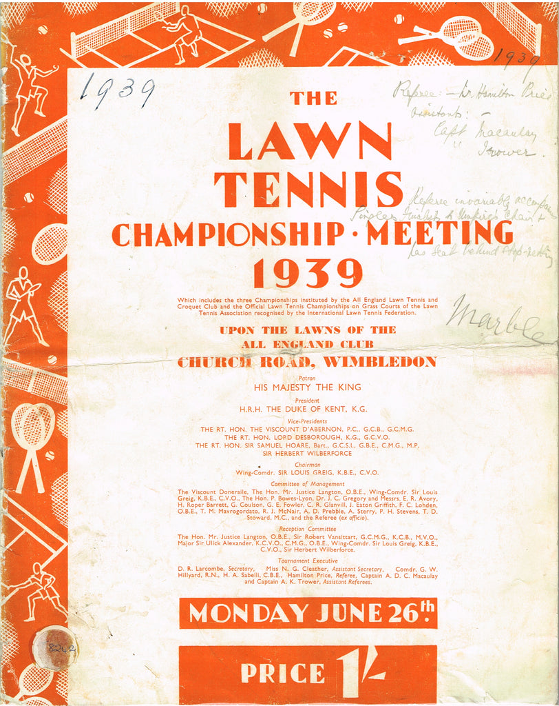 1939 Wimbledon Championships Day 1 Programme