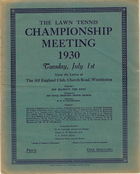 1930 Wimbledon Championships Daily Programme Tennis Gallery Wimbledon