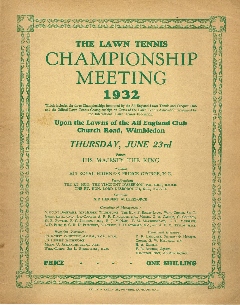 1932 Wimbledon Championships Day 4 Programme