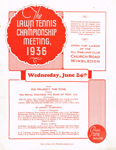 1936 Wimbledon Championships Daily Programme