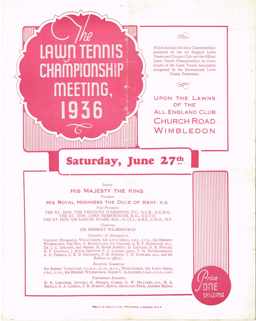 1936 Wimbledon Championships Day 6 Programme