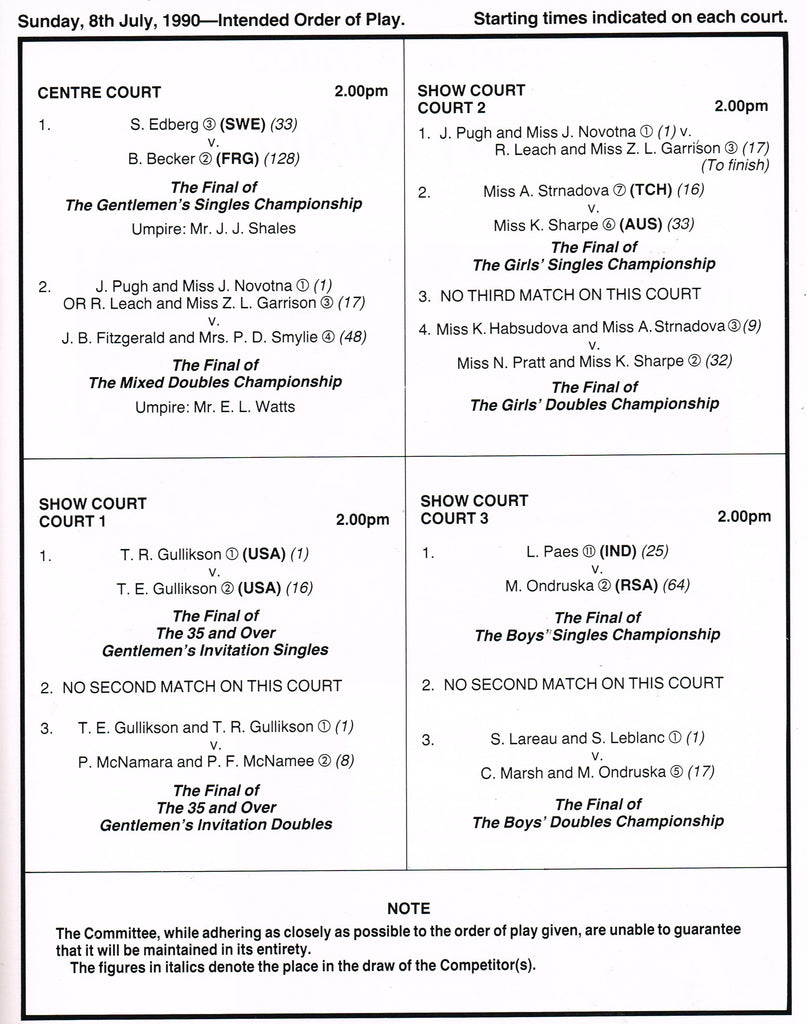1990 Wimbledon Championships Gentlemen's Final Programme Stefan Edbe