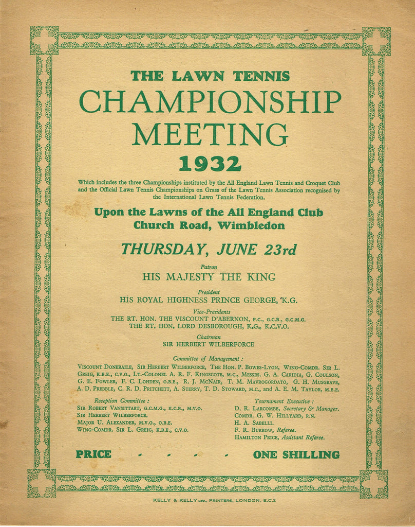 1932 Wimbledon Championships Daily Programme