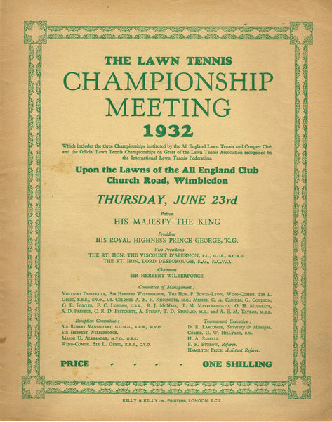 1932 Wimbledon Championships Daily Programme Tennis Gallery Wimbledon