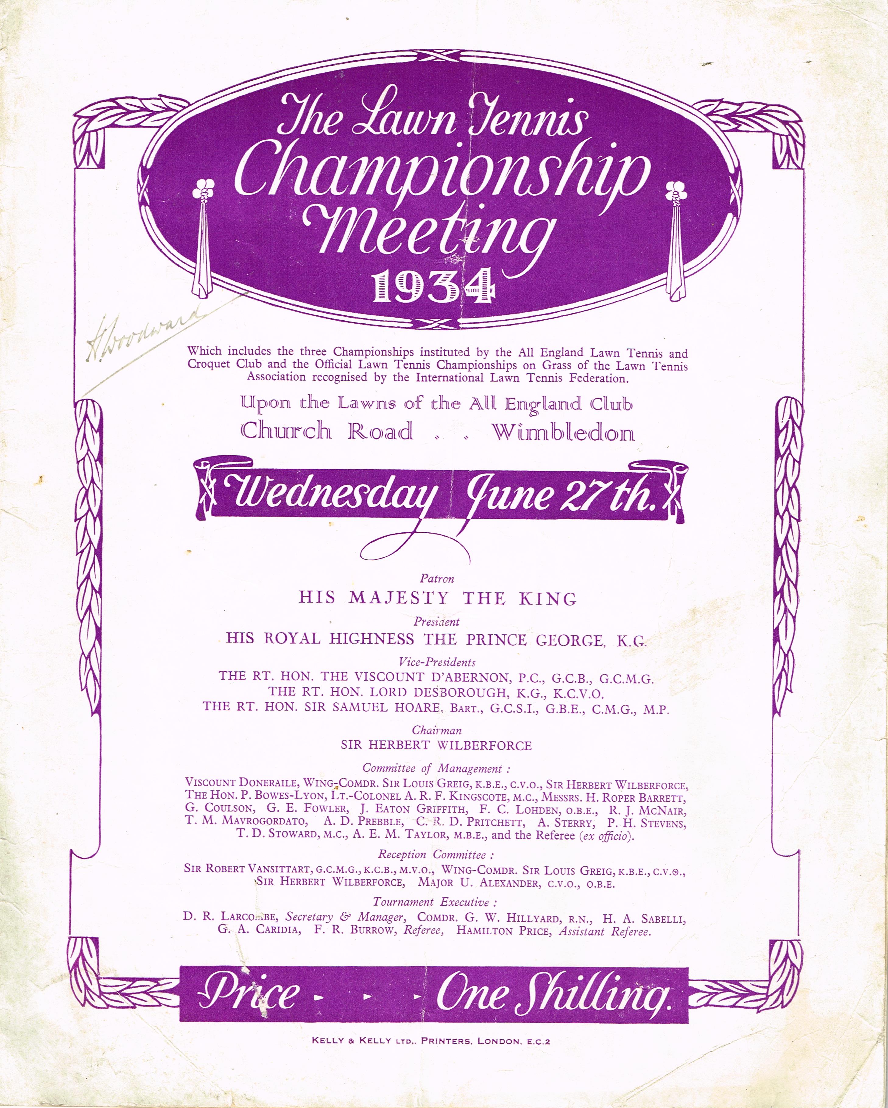 1934 Wimbledon Championships Daily Programme Tennis Gallery Wimbledon
